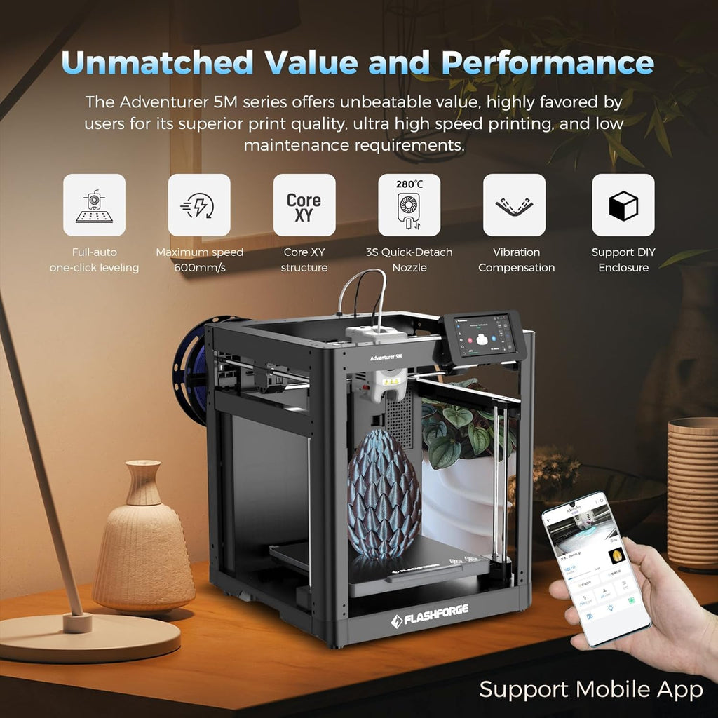 FLASHFORGE Adventurer 5M 3D Printer with Fully Auto Leveling, Max 600mm/s High Speed Printing, 280°C Direct Extruder with 3S Detachable Nozzle, CoreXY All Metal Structure, Print Size 220x220x220mm - three thousand